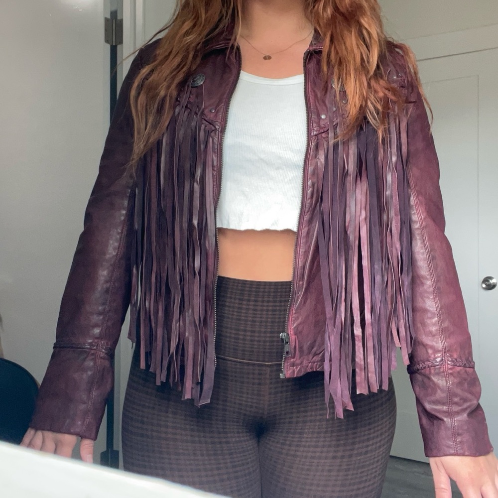 IDYLLWIND - Burgandy Leather Fringe Moto Jacket - Picture 10 of 11